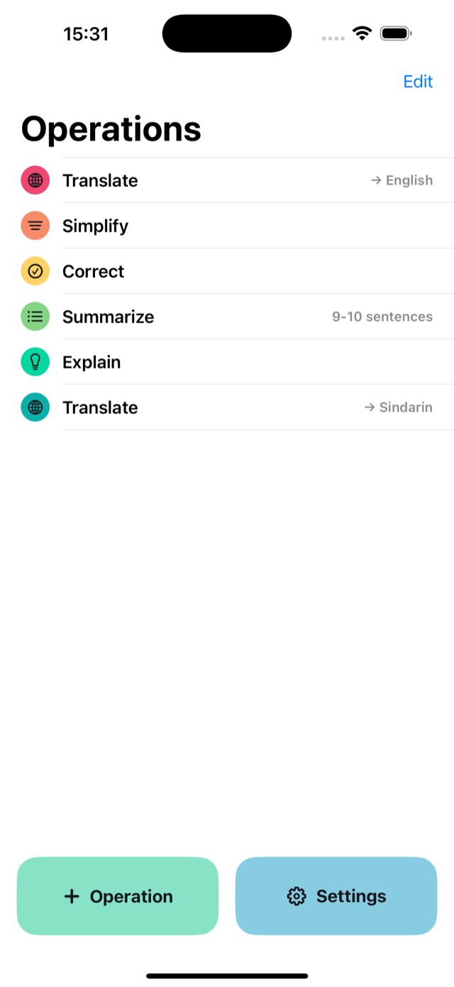Craftify operations list: Translate, Simplify, Correct, Summarize, Explain