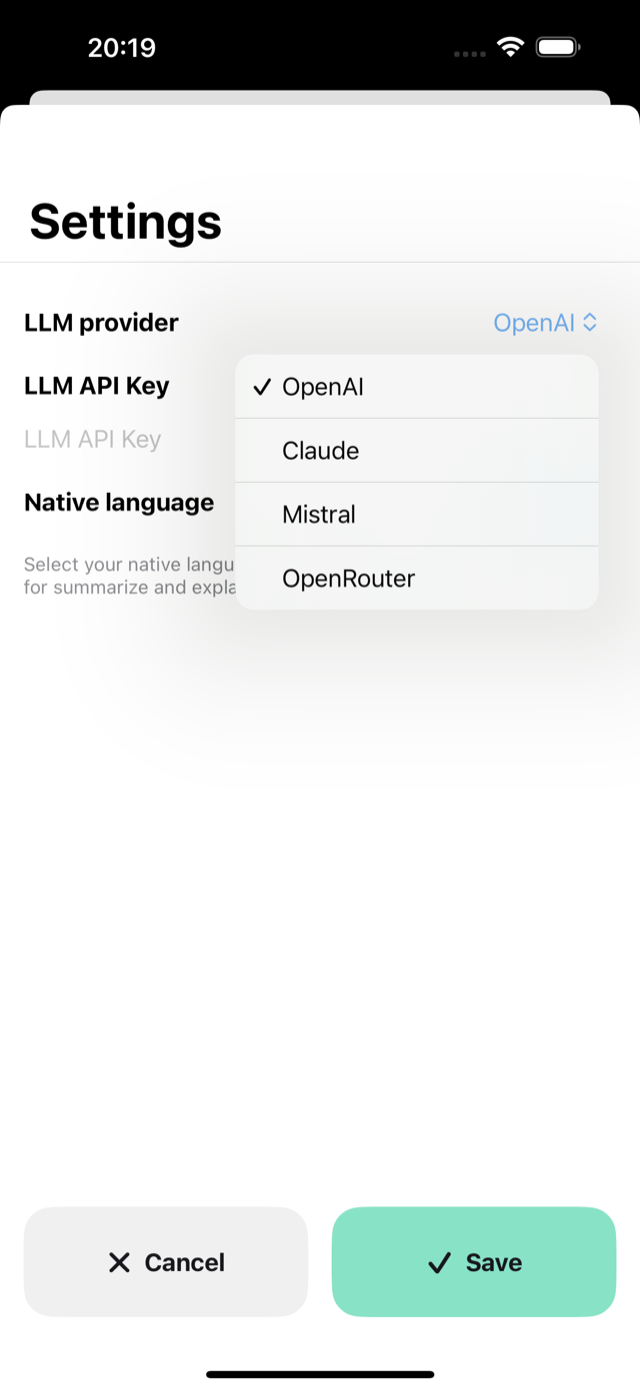 Craftify settings: choose your LLM provider and enter your own API key
